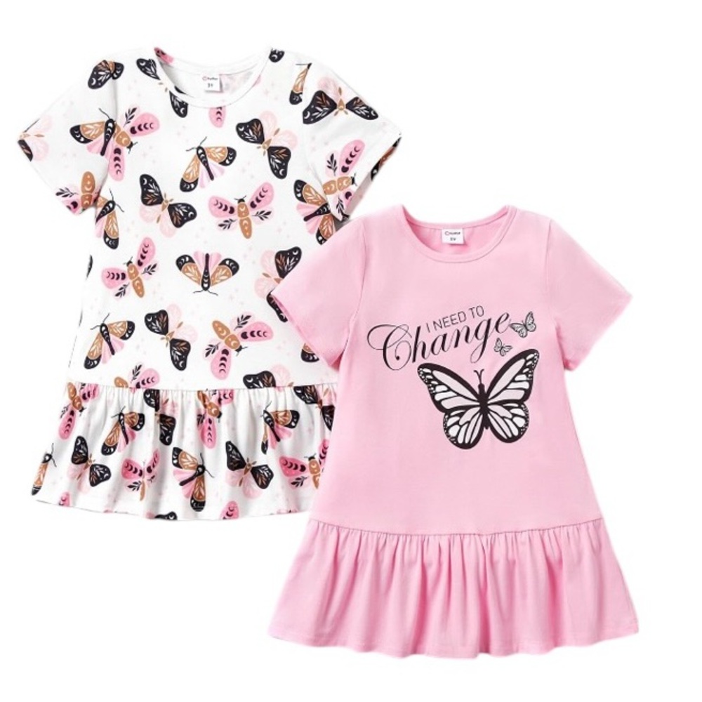 2 Pack Girls Pink and White Butterfly Dress Set